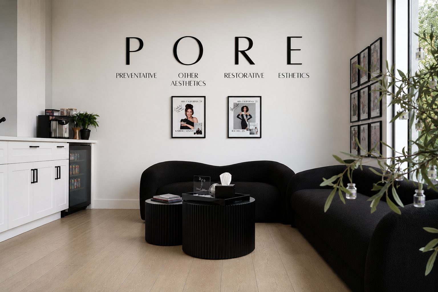Treatment lounge with the P O R E wall at PORE Decisions Med Spa in San Jose, CA